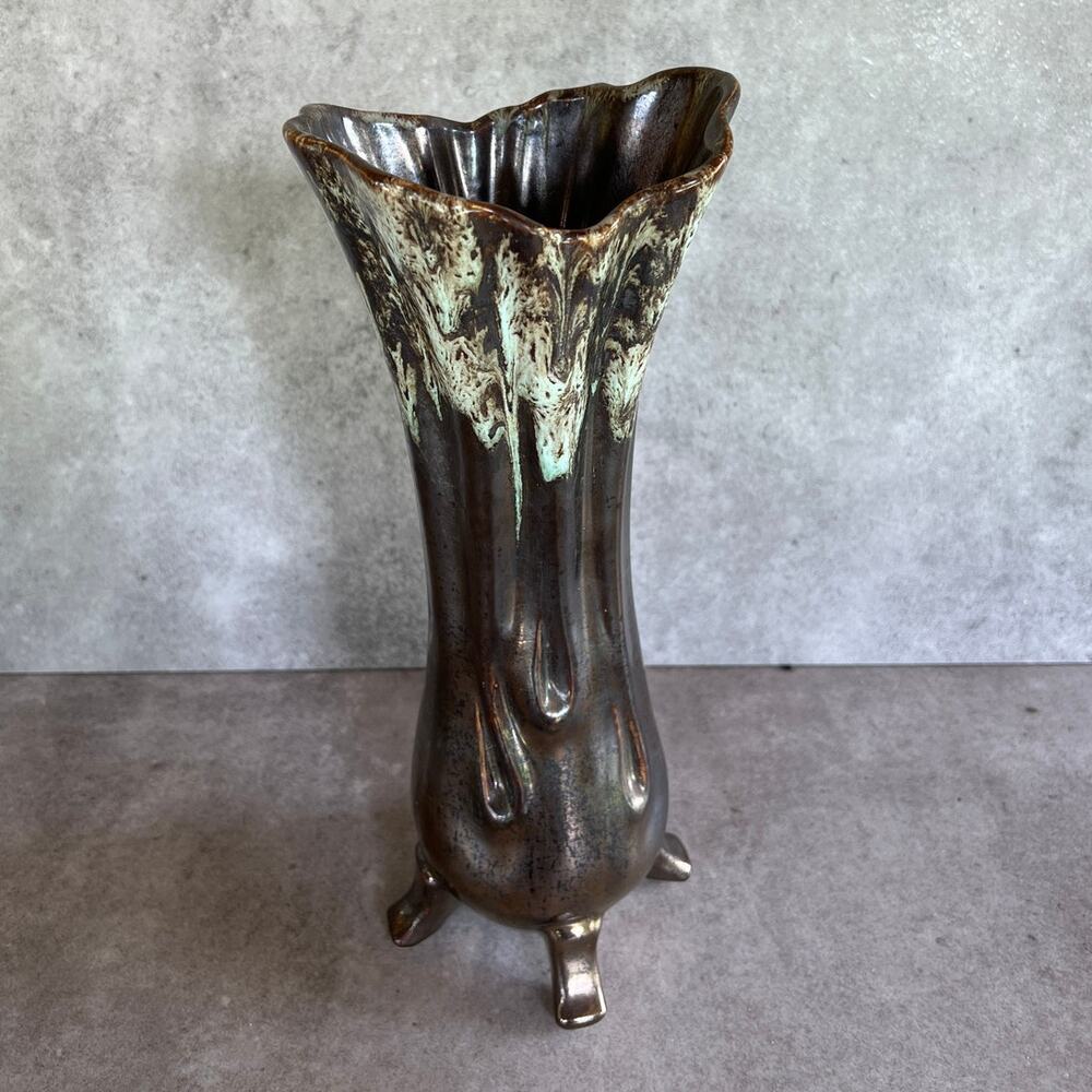 Mid century modern Metallic drip glaze ceramic large footed vase vintage unique - Picture 2 of 12